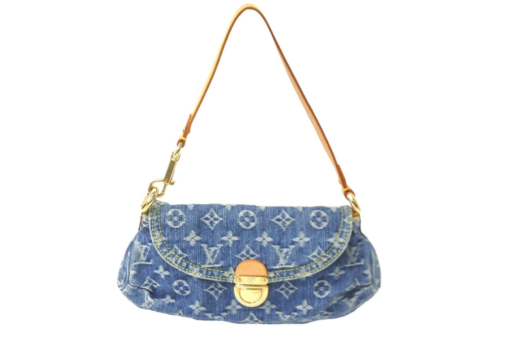 Louis Vuitton Hobo Bag Monogram Denim Pleaty Blue Gold
